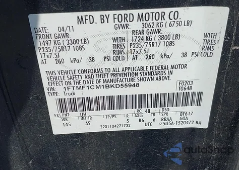 2011 Ford F-150 Xl from USA, damaged, VIN 1FTMF1CM1BKD55948